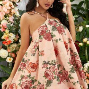 Floral Halter Neck Pleated Dress